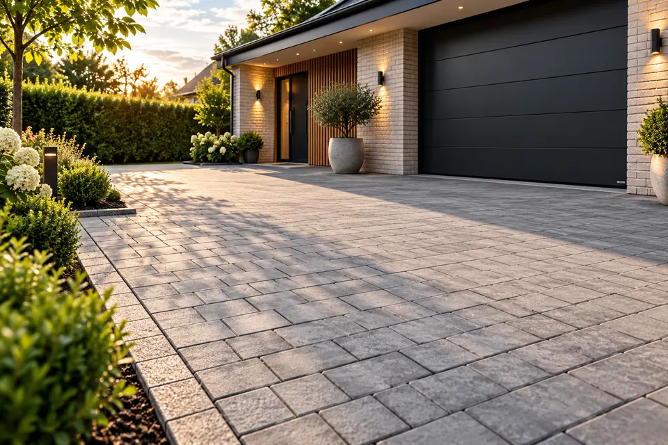 Ny indkørsel i grå belægningssten foran moderne hus med garage i aftensol